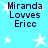 Light blue background with white star shapes and dark purple text reading "Miranda Lovves Erie" in three lines.