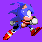 Pixelated blue hedgehog character in multiple running poses against purple background, red shoes with white accents, gray gloves, black shorts.
