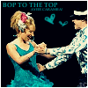A pixelated image of a woman in a teal dress dancing with a man in a patterned shirt and cap, with text "BOP TO THE TOP" above them.