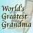 Pixelated text reads 'World's Greatest Grandma' over a light blue background with faint gray shapes.