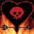 Red skull inside heart-shaped frame with orange-yellow flames at bottom, black background.
