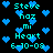 Pixelated cyan text and blue hearts on black background, repeated in two vertical with identical content