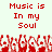 Red pixelated text "Music is In my Soul" repeated twice on light background with red and white abstract shapes below.