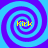 Four identical spiral patterns with blue and purple hues, each containing the text 'Kirk' in yellow pixelated font at their centers.