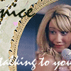 A woman with blonde hair and a headband holds a microphone, framed by a decorative border with text and a pink heart.