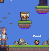 Pixel art scene with blue sky background, floating platforms, and a character standing on the left.