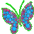 Pixelated butterfly icon with green outline, blue and pink patterned wings on gray background.