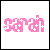 Pixelated pink text 'sarah' with white plus signs on a white background, showing animation changes
