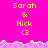 Pixelated pink background with yellow text 'Sarah & Nick <3' repeated across multiple , separated by a jagged white-and-pink border