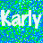Pixelated contact sheet showing two frames of an animated buddy icon with the name "Karly" in white and black text against a blue-green pixelated background.