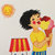 Pixelated image of two figures embracing, one with dark hair in a yellow top and blue pants, the other with red hair in a yellow top, near a red-and-yellow striped lamp and a yellow circular shape.