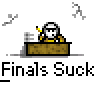 Animated contact sheet showing 16 frames of a pixel art character at a desk with falling papers and repeated text "Finals Suck" below each frame.