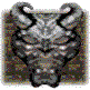 A pixelated devil icon with horns, closed eyes, and a symmetrical face showing color variation between gray and yellow tones.