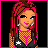 Pixel art contact sheet showing a fashion doll character in various poses and text elements with pink, black, and brown color scheme.