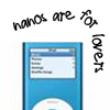 Blue digital music player icon with screen displaying text list and circular control, surrounded by handwritten text reading 'nanos are for lovers'.