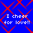 Blue background with red diamond lattice pattern and repeated white text "I cheer for love!!" in four quadrants.