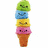 Pixelated ice cream cone with four stacked scoops in green, blue, yellow, and pink, each with a smiling face.