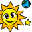 Pixelated sun icon with yellow face, black eyes and smile, orange rays; small blue-green planet and yellow star nearby.
