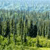 Pixelated landscape with green and yellow foreground, dark vertical shapes, and light blue sky background.