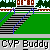 Animated sequence of a character in yellow and blue outfits walking across green grass with stairs, repeating the phrase "CVP Buddy" on gray bars.
