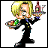 Pixelated character with blonde hair in black uniform holding tray with green bottle and red bottle, standing on gray background.