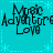 Pixelated text 'Music Adventure Love' in black on cyan background with light cyan star and line patterns, repeated in a