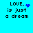 Pixelated text on cyan background with animated blue heart and star symbols replacing punctuation.