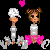 Pixel art of two figures with a pink heart above them, surrounded by repeated text in pink and white on black background.