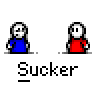 Animated contact sheet of 15 pixel art frames showing two stick figures in blue and red outfits with changing speech bubbles over a gray background.