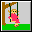 Pixelated animation of a girl in a pink dress swinging on a green swing set under a brown tree against a gray background.