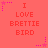 Red background with repeated text "I LOVE BRETTIE BIRD" in red, surrounded by pink star-shaped pixel art elements.