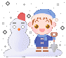 Pixel art of a child in blue winter clothing holding a shovel next to a snowman with red hat, set against gray background with falling snow.
