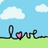 Pixelated image of the word 'Love' in black script with a pink heart replacing the letter 'o', set against light blue sky and green grass background.