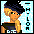 Pixel art buddy icon of a character with dual-tone hair, green eyes, and a hand near their chin against a light blue background with vertical text.