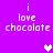 Purple background with white pixelated text 'i love chocolate' in four corners and two heart symbols, one white and one light purple, in the center.