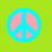 Three identical peace sign icons with cyan borders and pink interiors on a bright green background, one partially obscured by a gray rectangle.