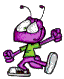 Purple cartoon character with antennae, green shirt, purple pants, and white sneakers in four sequential poses showing running motion.