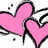 Pink heart shapes with black outlines and white highlights, accompanied by small black dots on a white background.