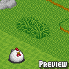 Pixel art of a white chicken with red comb and wattle standing on green grass, near bushes and a stone wall.