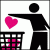 Pixelated black stick figure extends arm to drop pink heart into trash bin filled with similar hearts.
