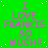 Green background with repeated pink text "I LOVE FRANKIE SO MUCH!!" in pixelated font, scattered white dots, and a gray rectangle at bottom right.