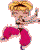 Pixelated cartoon character with blonde hair and pink pants in two poses, one with eyes closed and the other with eyes open.