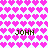 A static pixel art image with a light blue background filled with repeating pink heart shapes and four instances of the text 'JOHN' in brown pixelated font.