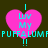 Four identical pink heart-shaped icons with cyan text reading "I LUV MY PUFFALUMF !!" arranged in a on dark brown background