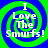 Four identical display white text "I Love The Smurfs!" over a green and blue spiral background with pixelated edges