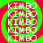 Four identical circular frames with red and green spiral patterns contain repeated white text reading KIMBO in a pixelated font.