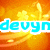 Pixelated blue text 'deyn' on white background with orange-yellow gradient and flame-like shapes.