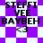 Pixelated text and heart symbol on purple-and-white checkered backgrounds with varying patterns.