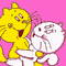 Two yellow and white cartoon cats on a pink background, one cat with hearts above its head.