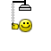 Yellow smiley face under showerhead with blue water droplets, yellow bucket, and black shower fixture on gray background.